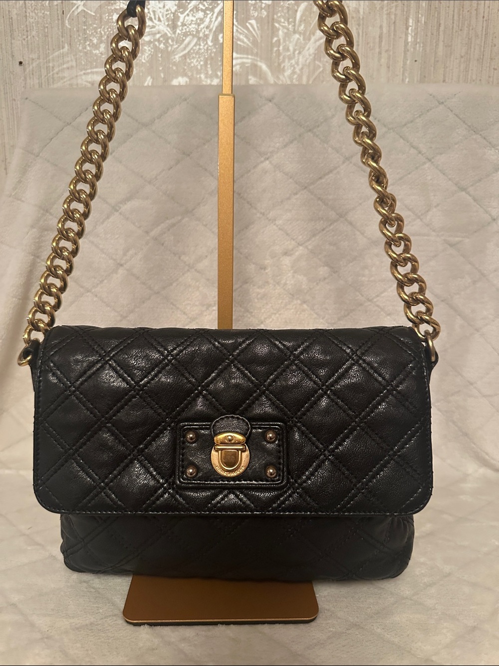 Marc Jacobs  Black Quilted Leather Shoulder Bag with Gold Hardware